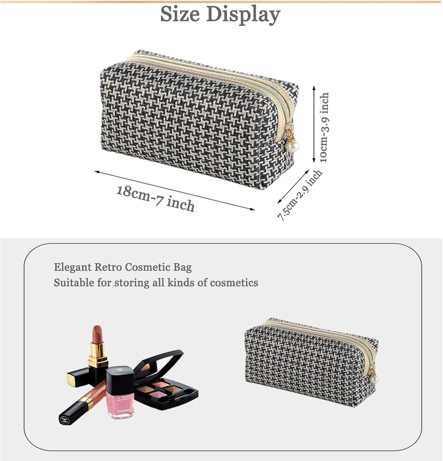 Checkered Makeup Bag for Purse Portable Zipper Make up Pouch Small Cosmetic Case for Travel Accessories(Blue) - Black image number 3