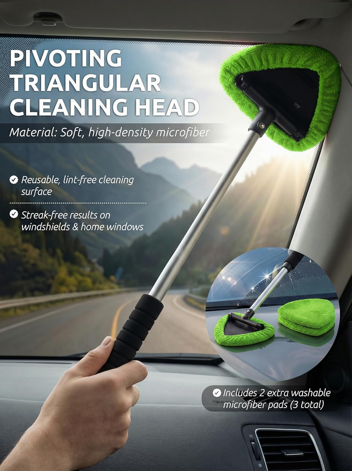 TAKAVU Car Window Cleaning Tool, Windshield Wiper Cleaner with Extendable Long-Reach Handle, 3 Washable Reusable Microfiber Bonnets, Car & Home inside Interior Exterior Use - Lint Free (Green) - Black  Red image number 6