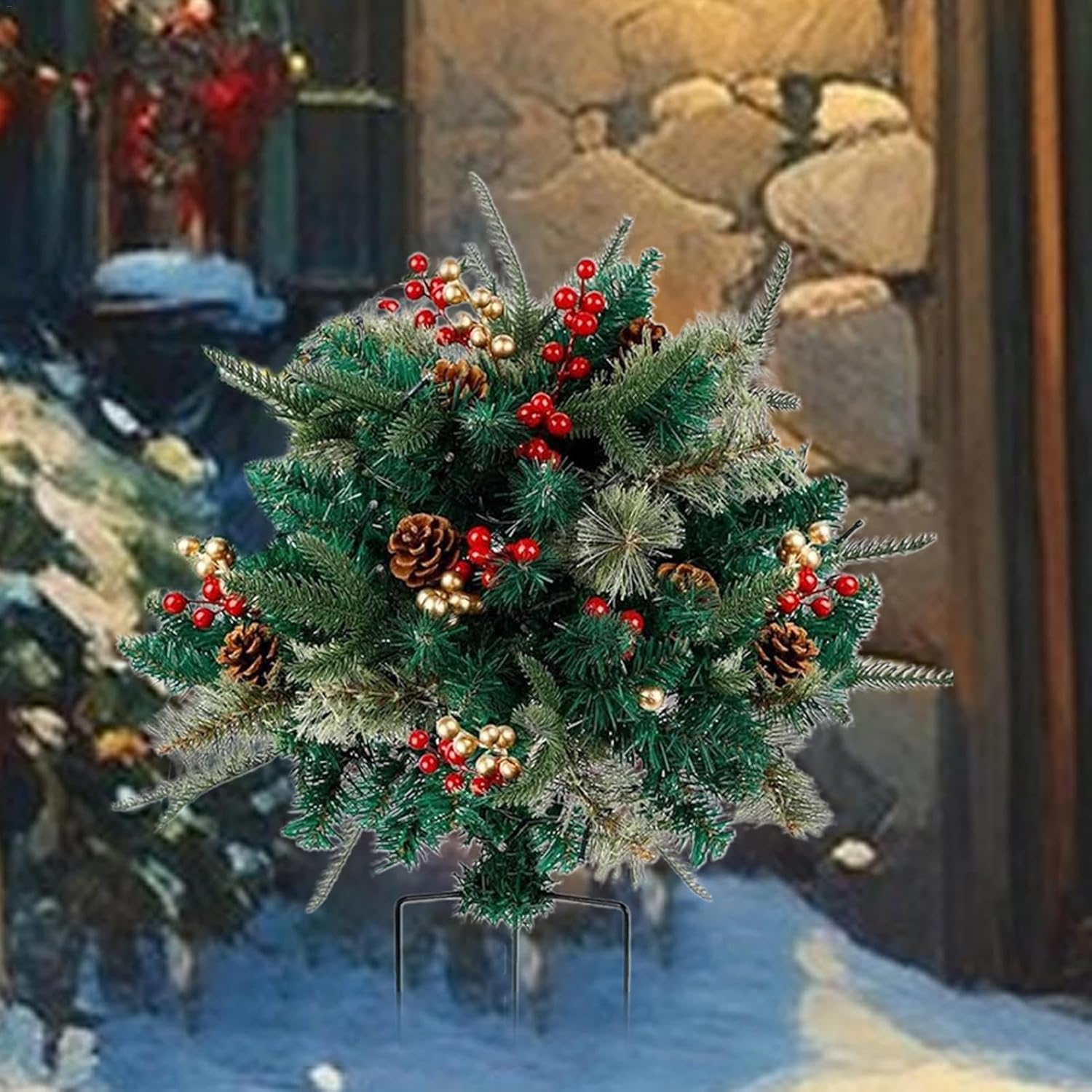 Holiday Planter Filler, Artificial Pine Trees for Christmas with Tripod Stake, Realistic Small Christmas Tree Urn Filler for Porch, Driveway, and Yard Decorations, Pine Trees Holiday Planter Filler image number 1