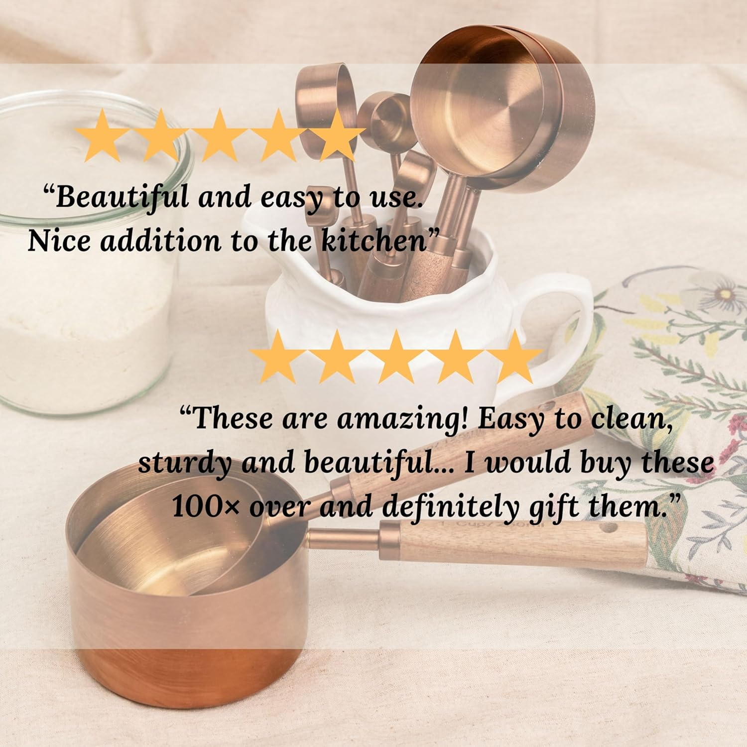 Copper Stainless Steel Measuring Cups and Spoons Set of 8, Wooden Handle with US Measurements, Metric Cups and Spoons for Cooking and Baking image number 2