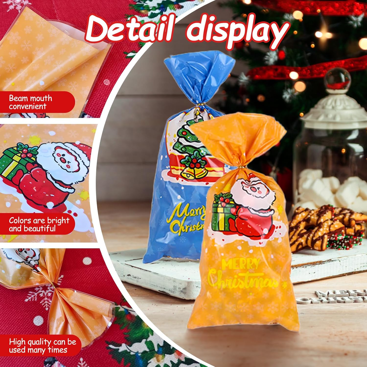 Christmas Treat Bags, 50 Pack Christmas Cellophane Treat Bags, 13 X 27Cm Treat Candy Bags with 50 Pcs Twist Ties for Cookie Goodies Gift Present Wrap Xmas Party Favor Supplies, 4 Styles image number 1