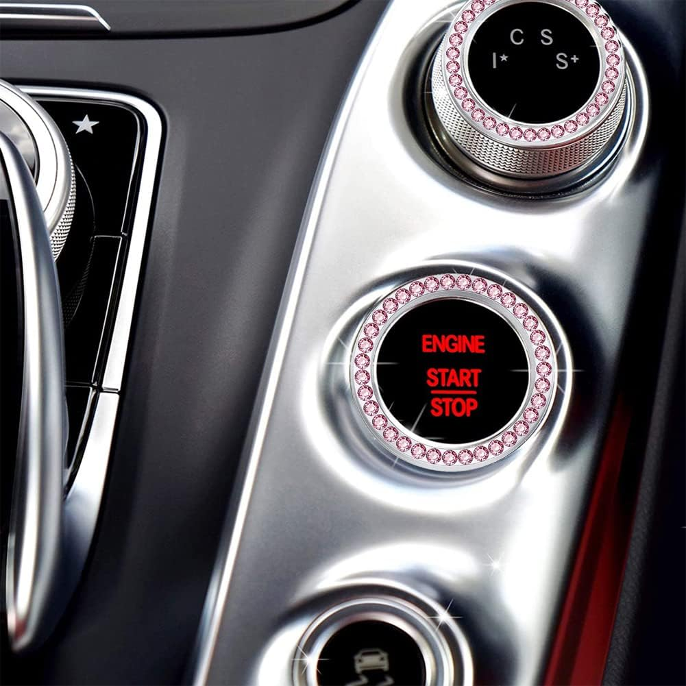 4PCS Sets Pink Bling Car Cup Holder Coasters for Car & Shiny Pink Push to Start Button Cover Key Ignition Ring Universal Auto Cute Pink Car Accessories Interior Decor for Women image number 4