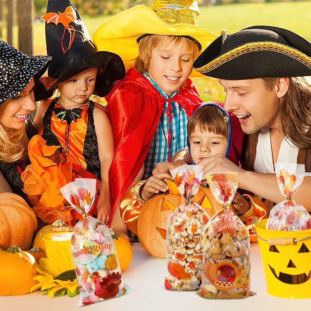 Thanksgiving Treat Bags 100 Pack - Fall Cellophane Goodie Bags with Maple Leaves Pumpkin Design - Candy Gift Bags with Twist Ties for Autumn Party Favor Supplies Decoration