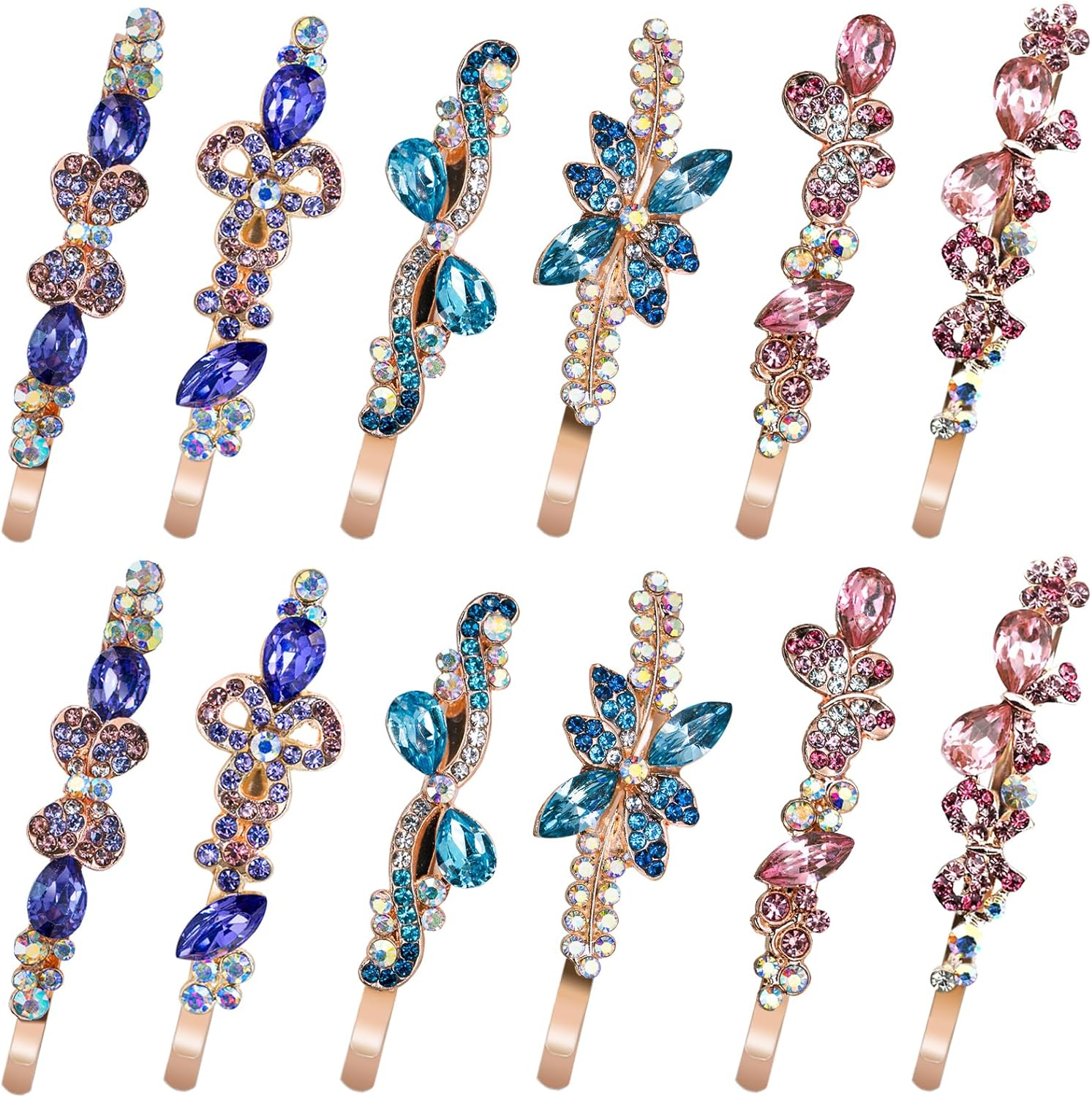 12 Pcs Vintage Crystal Hair Pins Bobby Pins Decorative Hair Pins Fancy Hair Clip for Women Girls 3 Colors 6 Styles Rhinestone Hair Pins. (12Pcs)