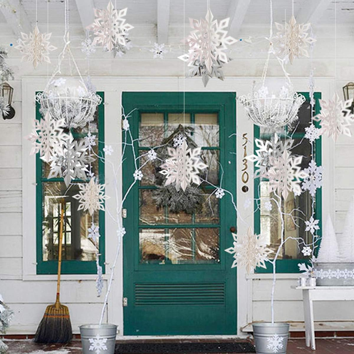 Winter Christmas Hanging Snowflake Decorations - 12PCS 3D Large White Snowflakes & 12PCS Paper Snowflakes Hanging Garland for Christmas Winter Wonderland Holiday New Year Party Home Decoration - White image number 5