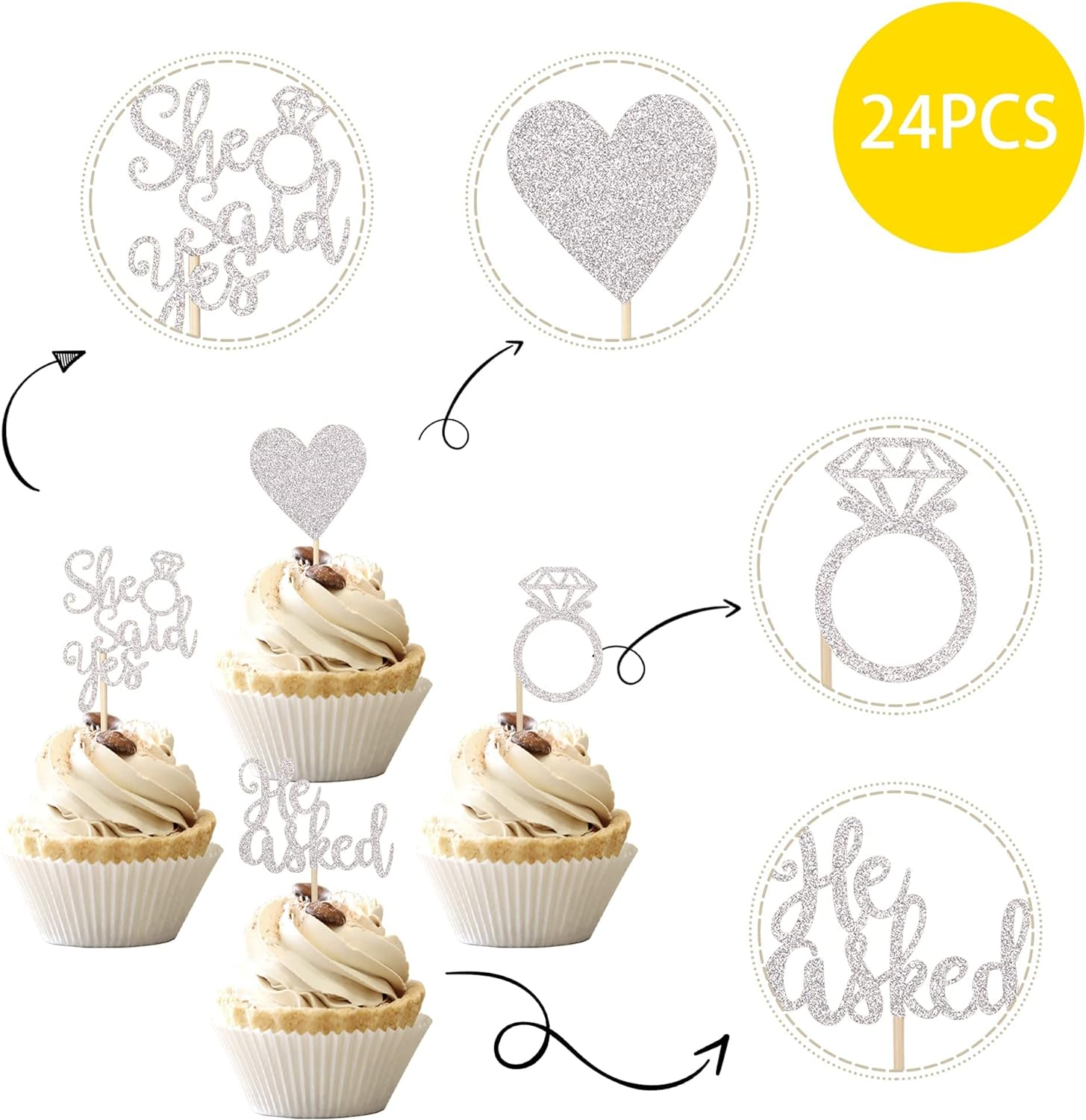 24 Pack He Asked She Said Yes Cupcake Toppers with Glitter Heart Ring Bachelorette Cake Picks Decorations for Wedding Engagement Bridal Shower Party Supplies Silver image number 2