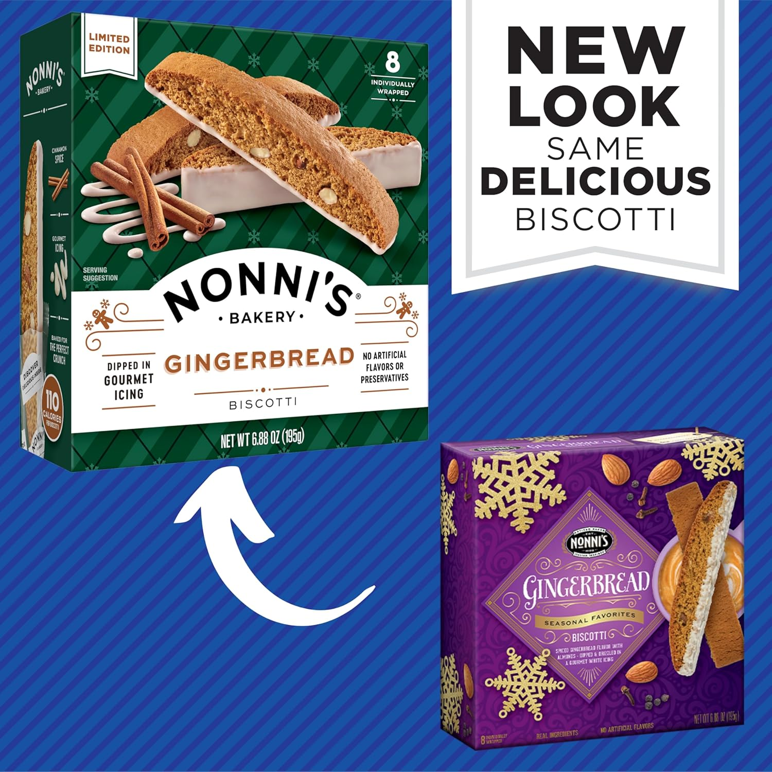 Nonni'S Gingerbread Biscotti Holiday Cookies - 2 Boxes Gingerbread Cookies - Gingerbread Christmas Cookies W/Almonds & White Icing - Biscotti Individually Wrapped Cookies - Italian Cookies - 6.88 Oz image number 1