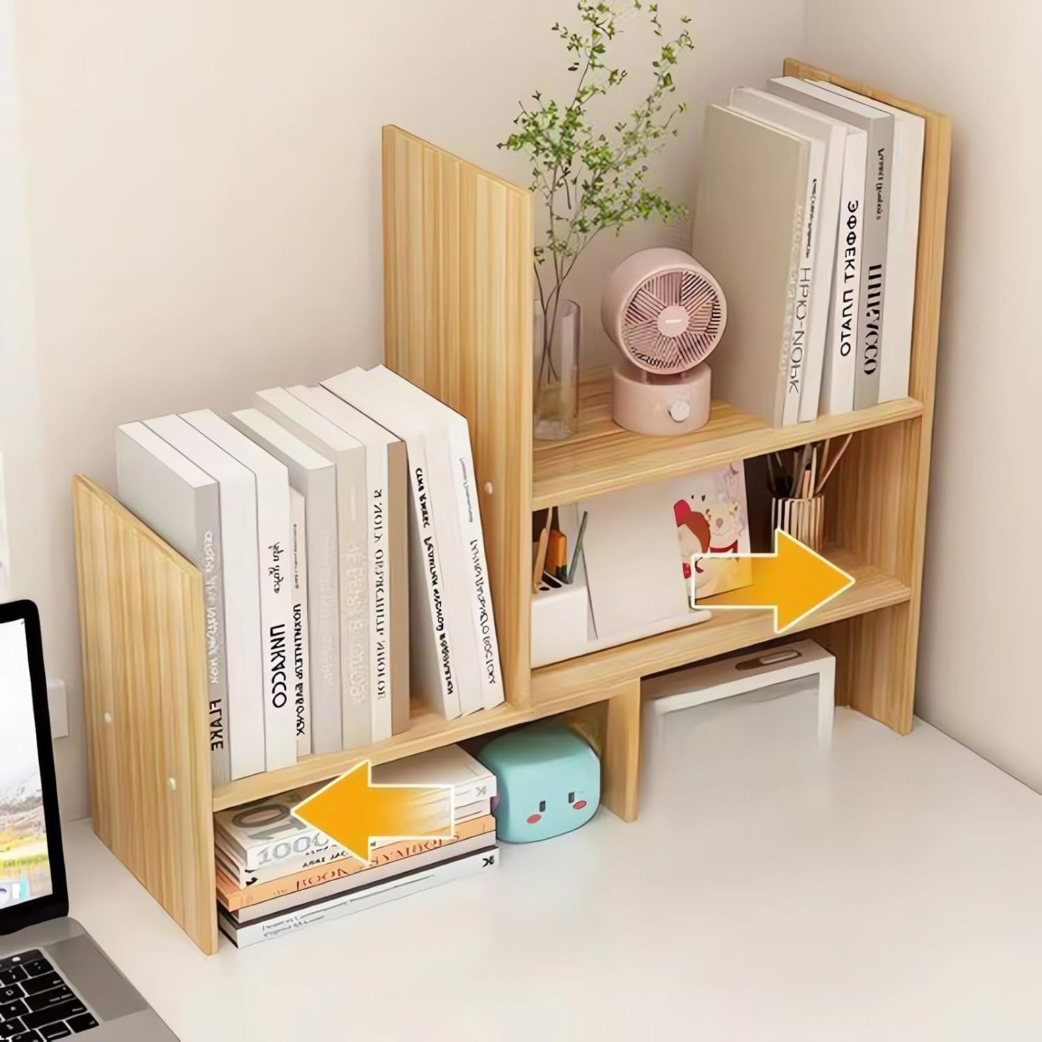 Desktop Bookshelf Organiser, Wood Bookcase, Office Desk Storage Shelf, Adjustable Width 36-72 Cm Bookshelves A292 (E Wood) image number 2