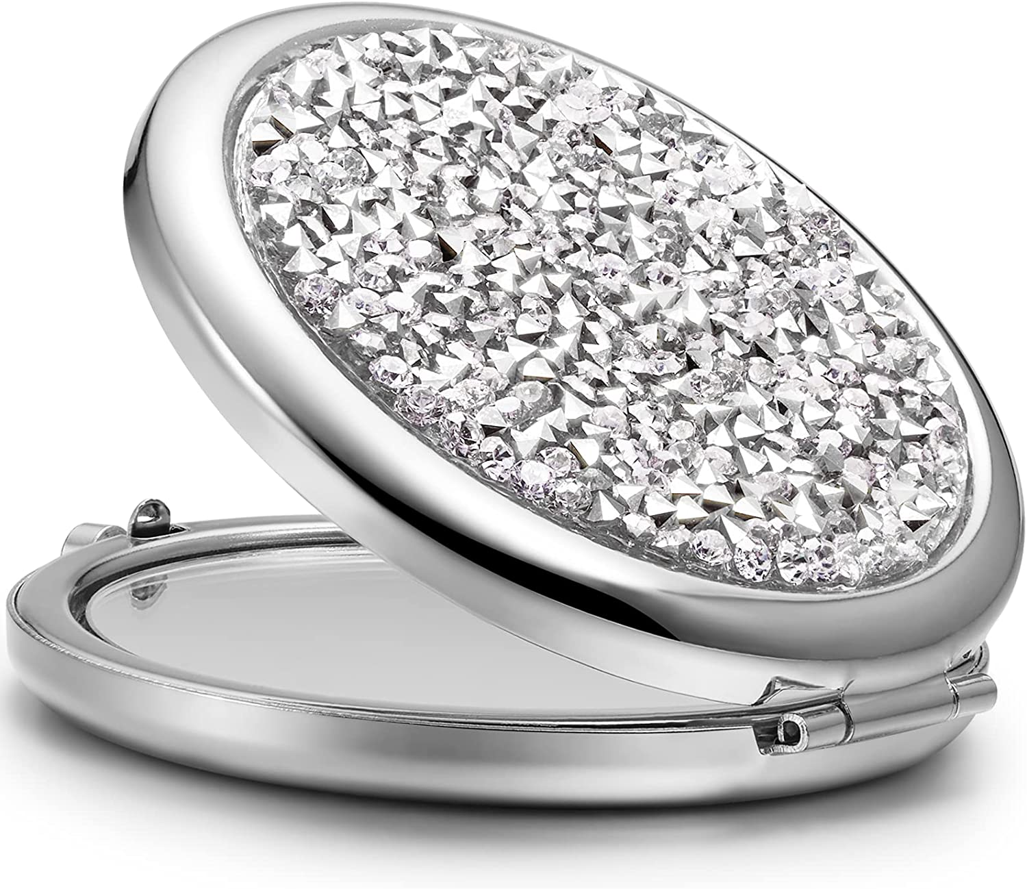 OMIRO Compact Mirror, Mini Mix Diamond 1X/2X Magnifying round Metal Pocket Makeup Mirror (Silver) image number 1