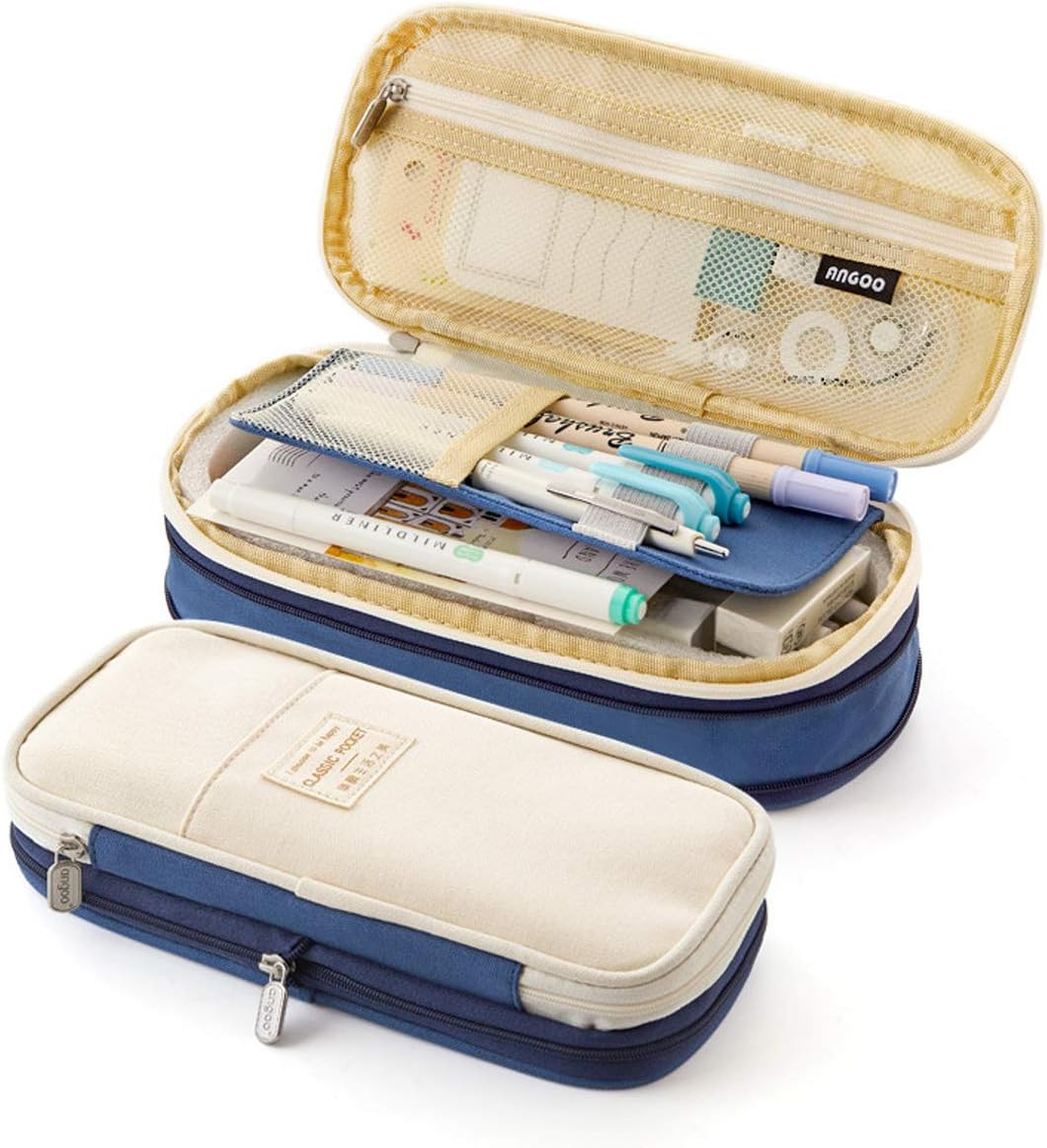 Isuperb Large Pencil Case Pen Holder with Zipper Beige and Blue Colour Clash Pencil Bag with Compartment Large Capacity Canvas Stationery Storage Bag Deformable Zipper Pencil Box for School or Office image number 1