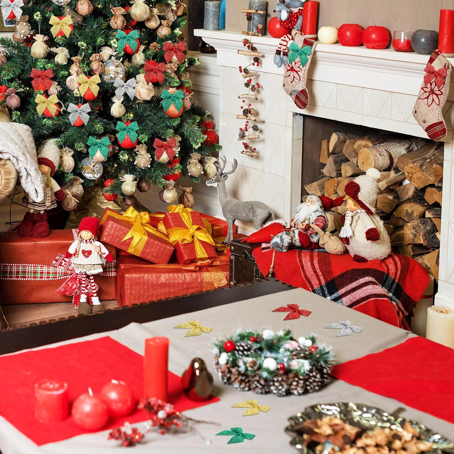 Syhood 150 Pcs Christmas Mini Bow Tiny Twist Tie Handmade Craft Ribbon Hair Small Holiday Bow Craft Supply for DIY Sewing Party Decor(Classic Color, Glitter) image number 3