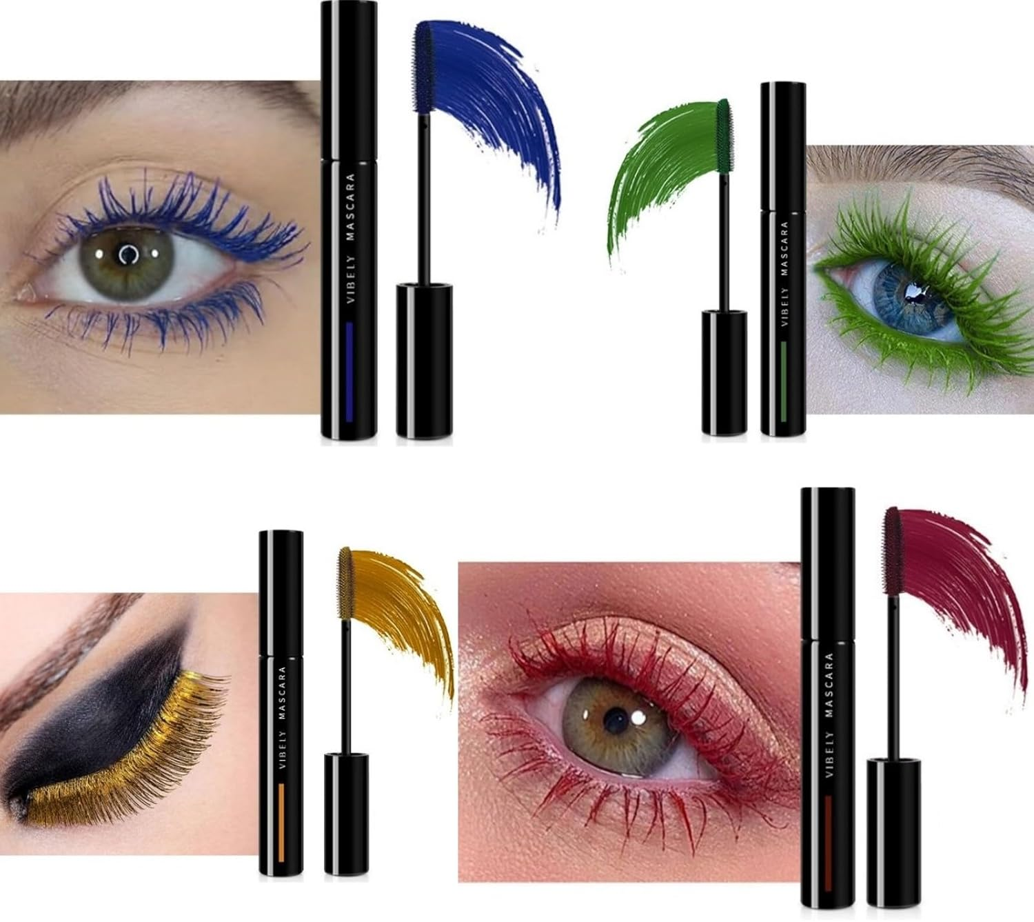 4 Colours Coloured Mascara, Colorful Mascara Blue Purple Green Red Mascara Waterproof Mascara, Length Volume, Long-Lasting Charming Rainbow Color 4D Silk Fiber Lash Volume-Effect image number 3