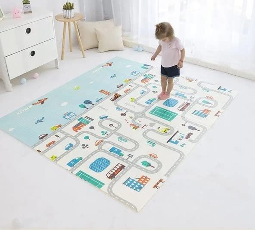 Baby Play Mat & Gym Mat Large XPE Foam Kids Playmat Soft Waterproof Padded Floormat 2Mx1.5M Foldable Reversible Also Suitable as Rug for Playpen with Free Storage & Travel Carry Bag; Fire Engine Design on 1 Side and Road Track Design on the Flip Side image number 6