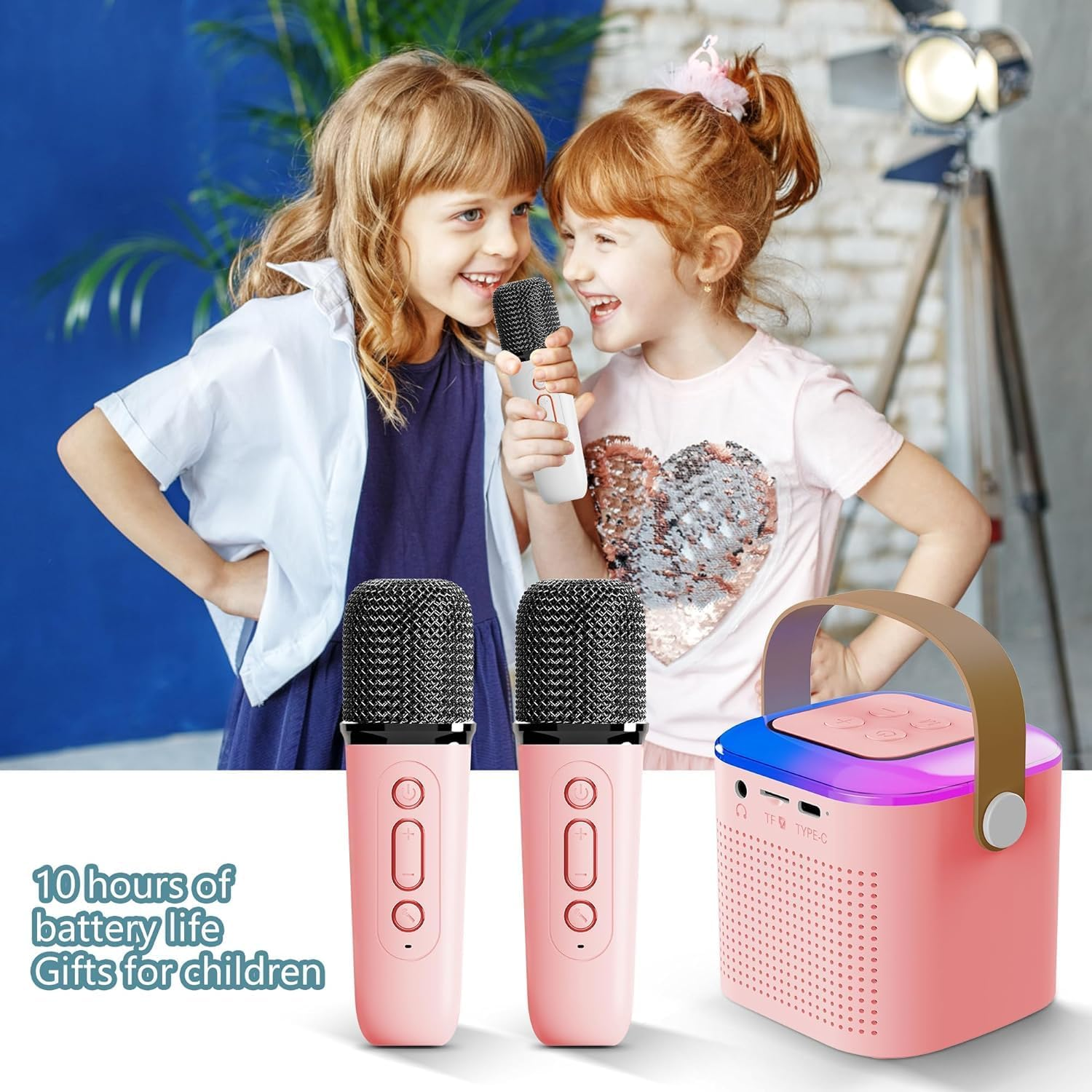 Mini Karaoke Machine,Portable Bluetooth Speaker with 2 Wireless Microphone, Funny Toys for Girls Boy Ages 4-12 Years Old, Led Lights, Gifts for Kids Birthday Christmas Home Party (Pink) - White image number 4