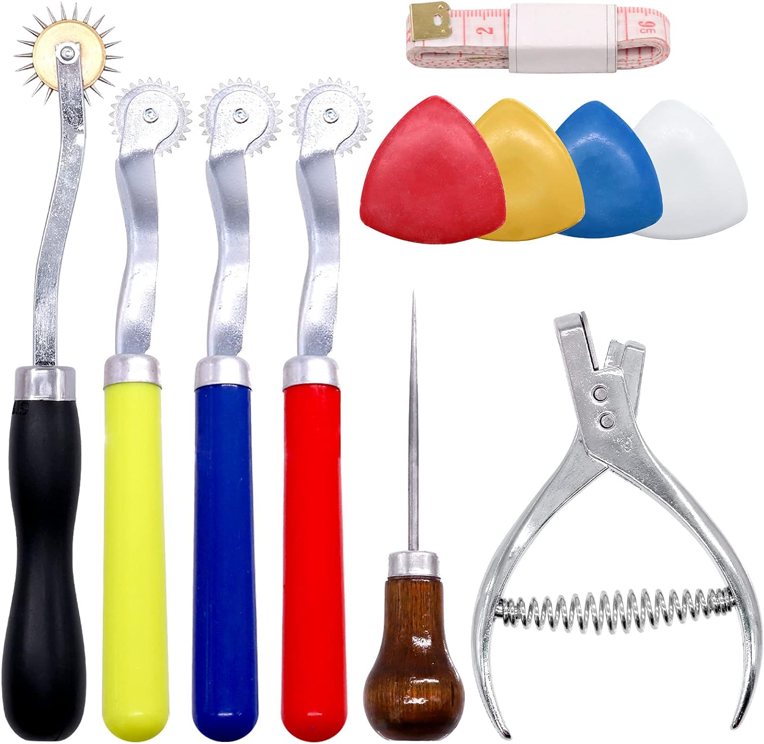9 Pcs Leather Sewing Tools Kit Includes 4Pcs Colorful Tracing Wheel Sewing Tool, 4Pcs Tailors Chalk, Pattern Notcher, Scratch Awl for Leather Paper Cloth image number 4