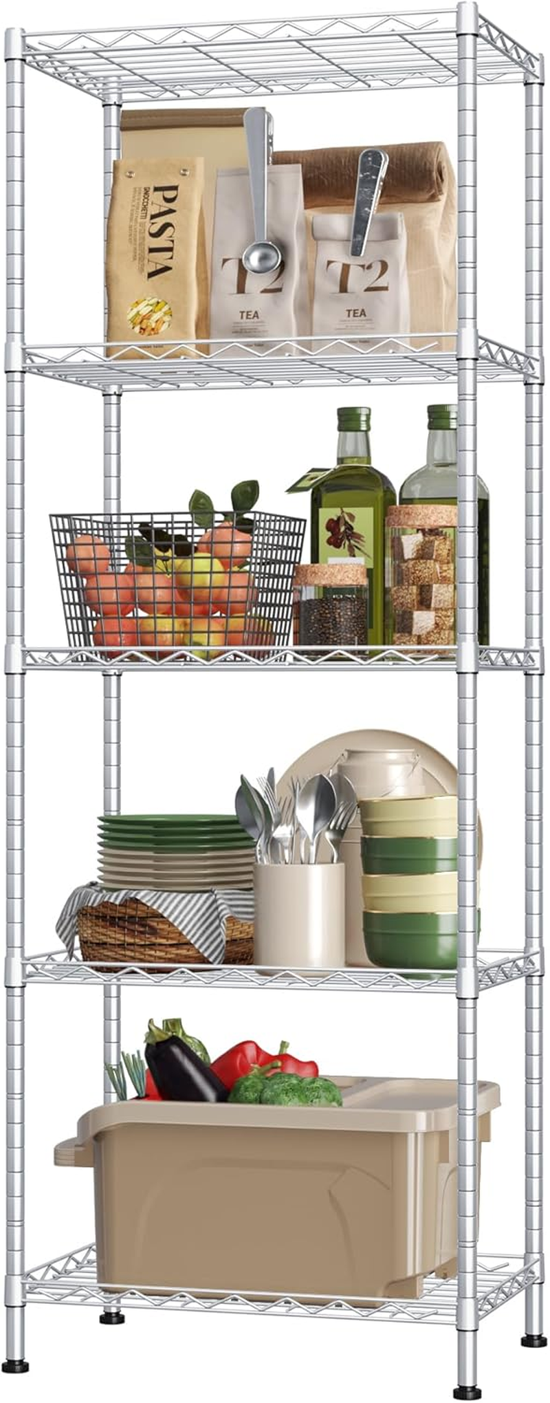 HOMEFORT 5-Shelving Unit,Adjustable Storage Shelves,Metal Wire Shelf with Shelf Liners and Hooks for Kitchen,Closet,Bathroom,Laundry,Sliver,21" W X 11" D X 59" H image number 2