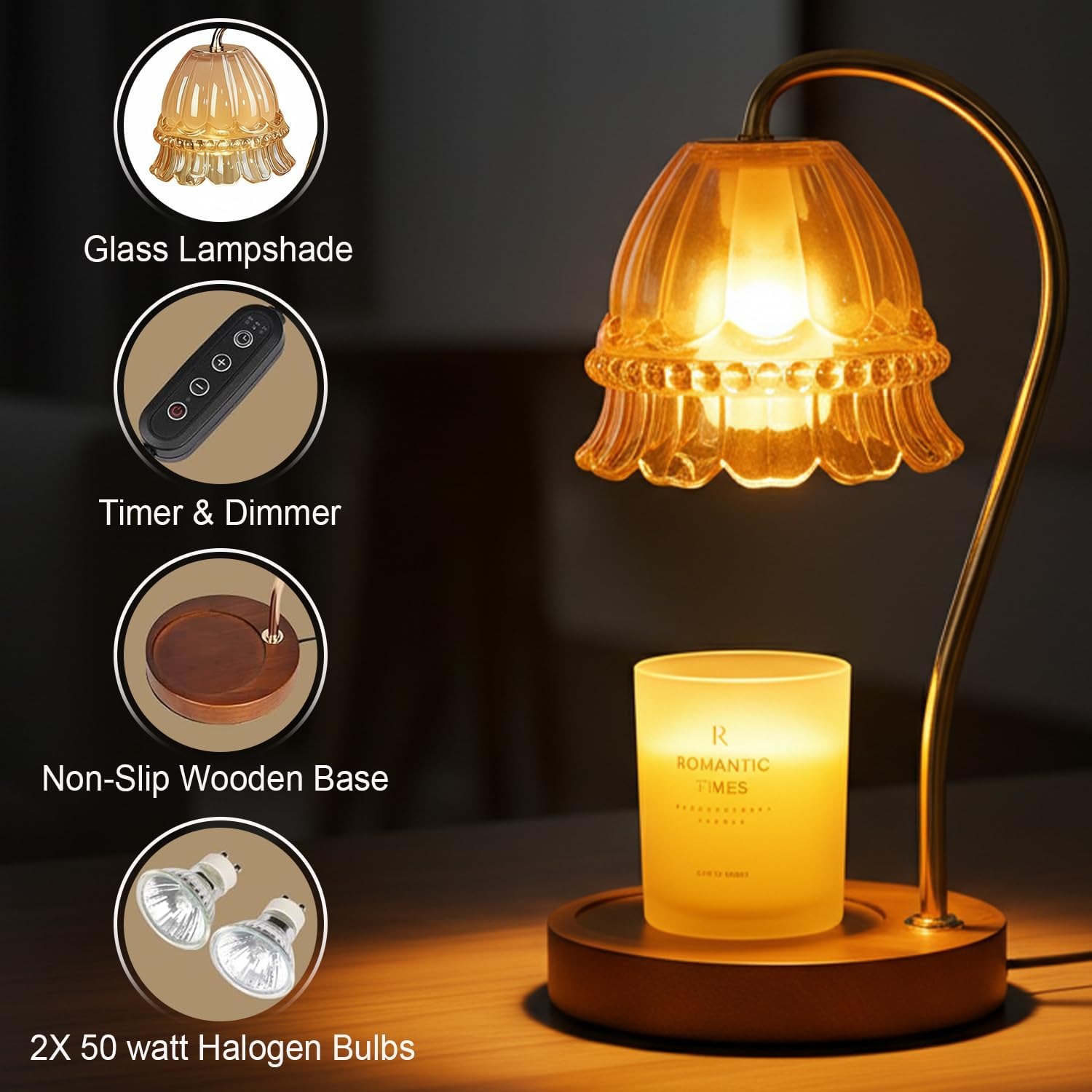 Vintage Candle Warmer - Aromatherapy Lamp with Timer | 4-Level Dimming and Infinite Dimming | Glass Shade | Wooden Base | Includes Two 50W G10 Halogen Bulbs | Elegant Home Decor (Yellow) image number 5