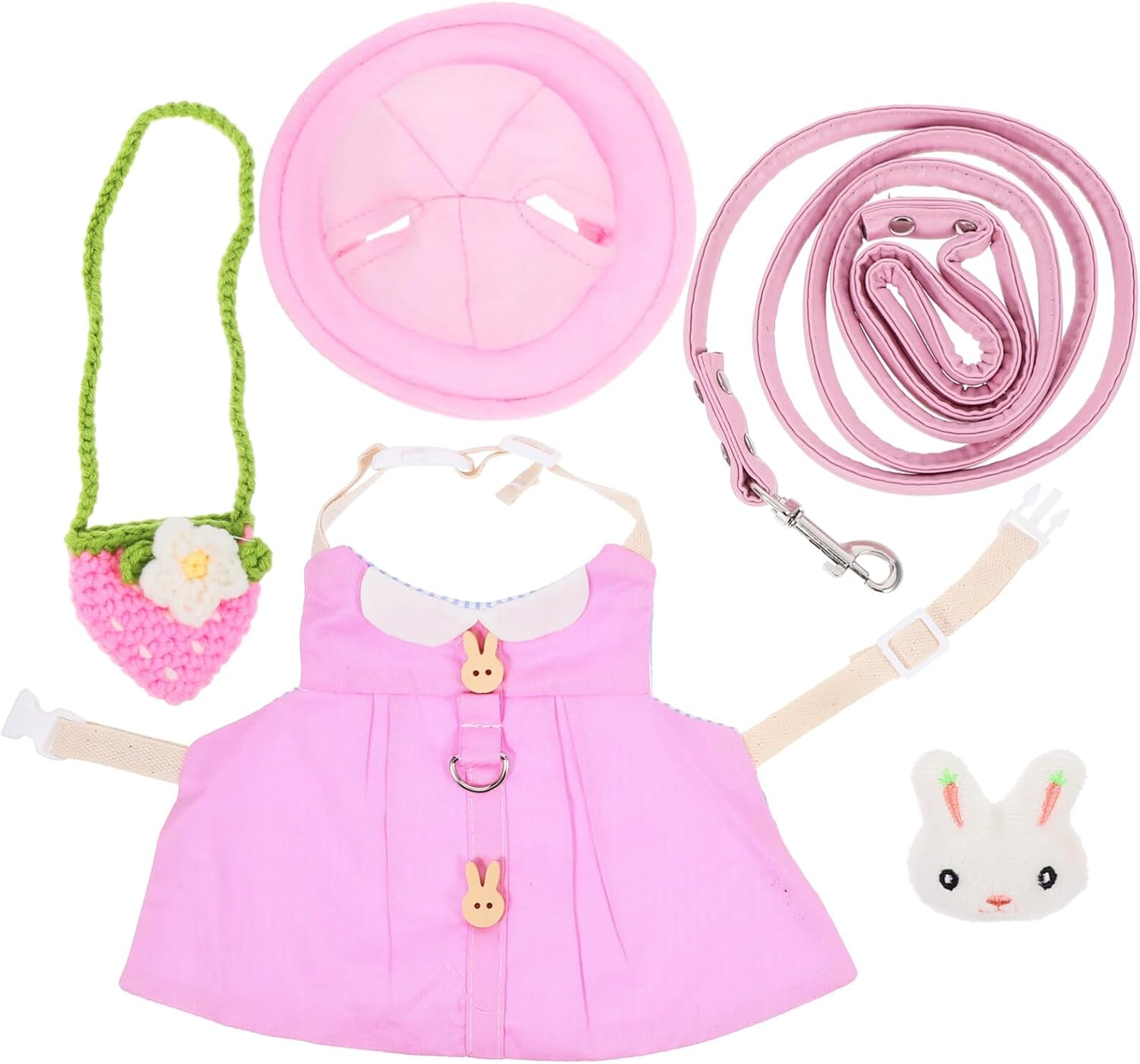Toddmomy Pet Rabbit Bunny Dress Rabbit Costume with Leash Hat Mini Strawberry Bag Harness Leash Small Animals Accessory for Ferret Guinea Pigs Squirrel Hedgehog Pink image number 6