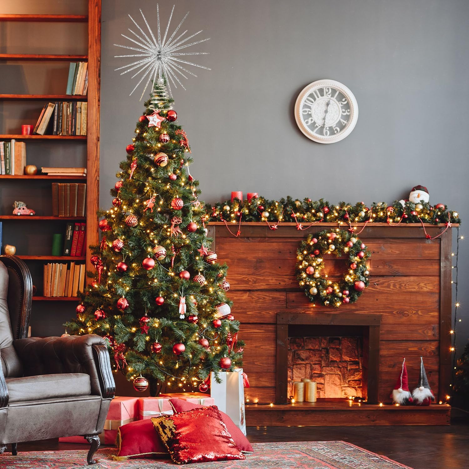 13.7 Inch Silver Christmas Tree Topper - 3D Burst Silver Tree Topper, Exploding Star Christmas Tree Decorations - Black image number 6