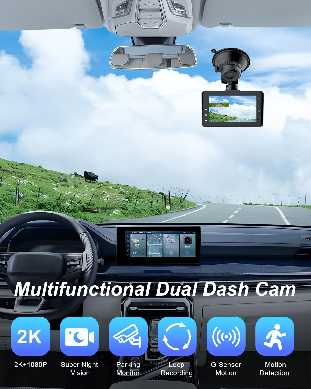 Dash Cam for Cars 2K+1080P Car Dash Camera Recorder 3Inch Screen Dashboard Camera with 64GB Card，170&deg; Wide Angle, Super Night Vision, WDR, Loop Recording, Parking Monitor, G-Sensor, Motion Detection image number 5