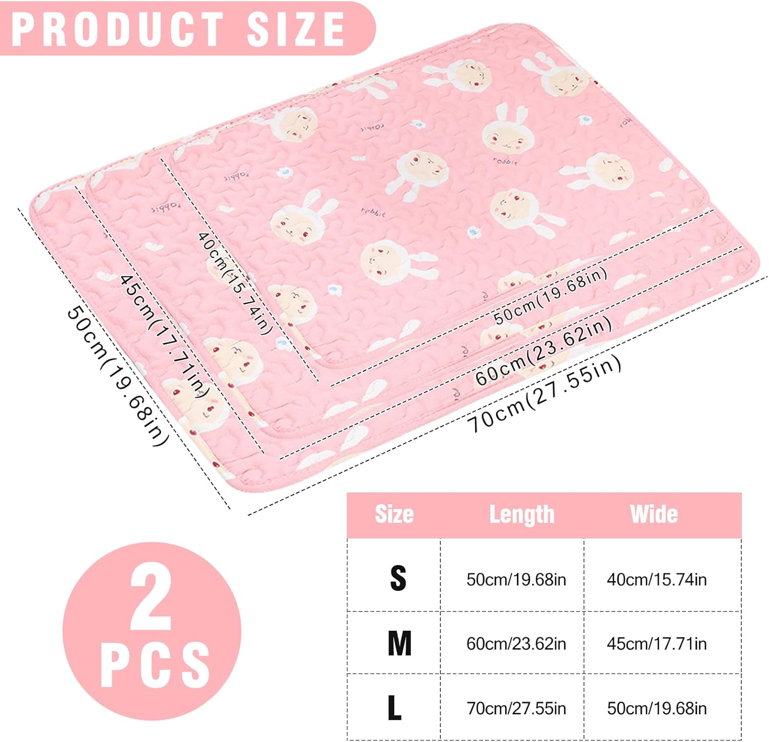 2 Pcs Washable Pee Pads for Dogs,Reusable Dog Training Pads Non-Slip Puppy Pads,Ultra-Absorbent Dog Whelping Pads for Playpen Travel Crate Training (50*70 Cm, Pink) image number 2