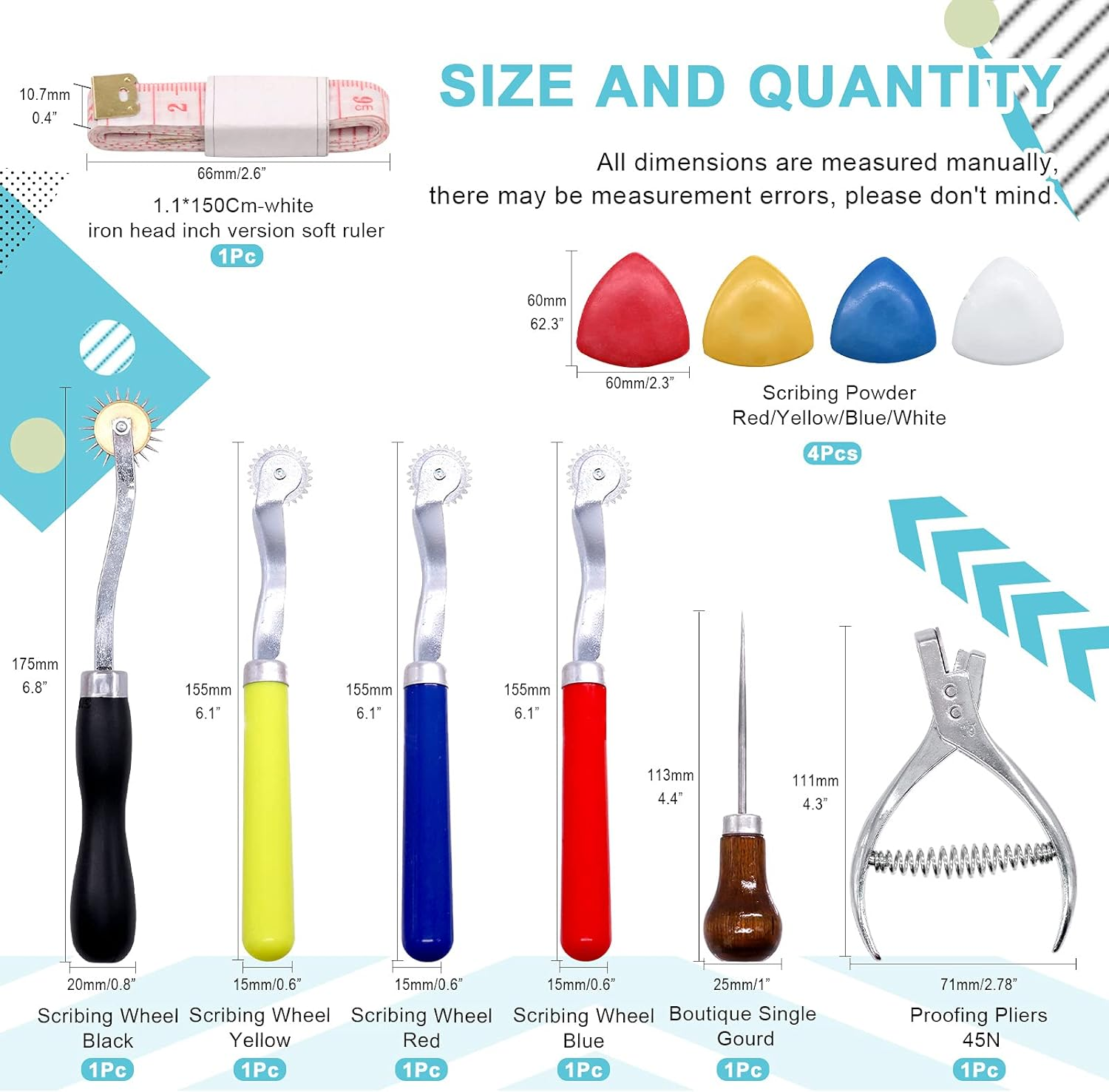 9 Pcs Leather Sewing Tools Kit Includes 4Pcs Colorful Tracing Wheel Sewing Tool, 4Pcs Tailors Chalk, Pattern Notcher, Scratch Awl for Leather Paper Cloth