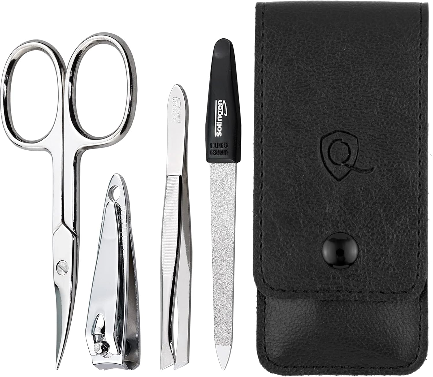 Solingen Manicure Set for Women and Men - 4-Piece Nail Kit, Comprising Sharp Scissors, Tweezers, Nailclippers, and Sapphire Nailfile - Ideal for Travelling, Black image number 5
