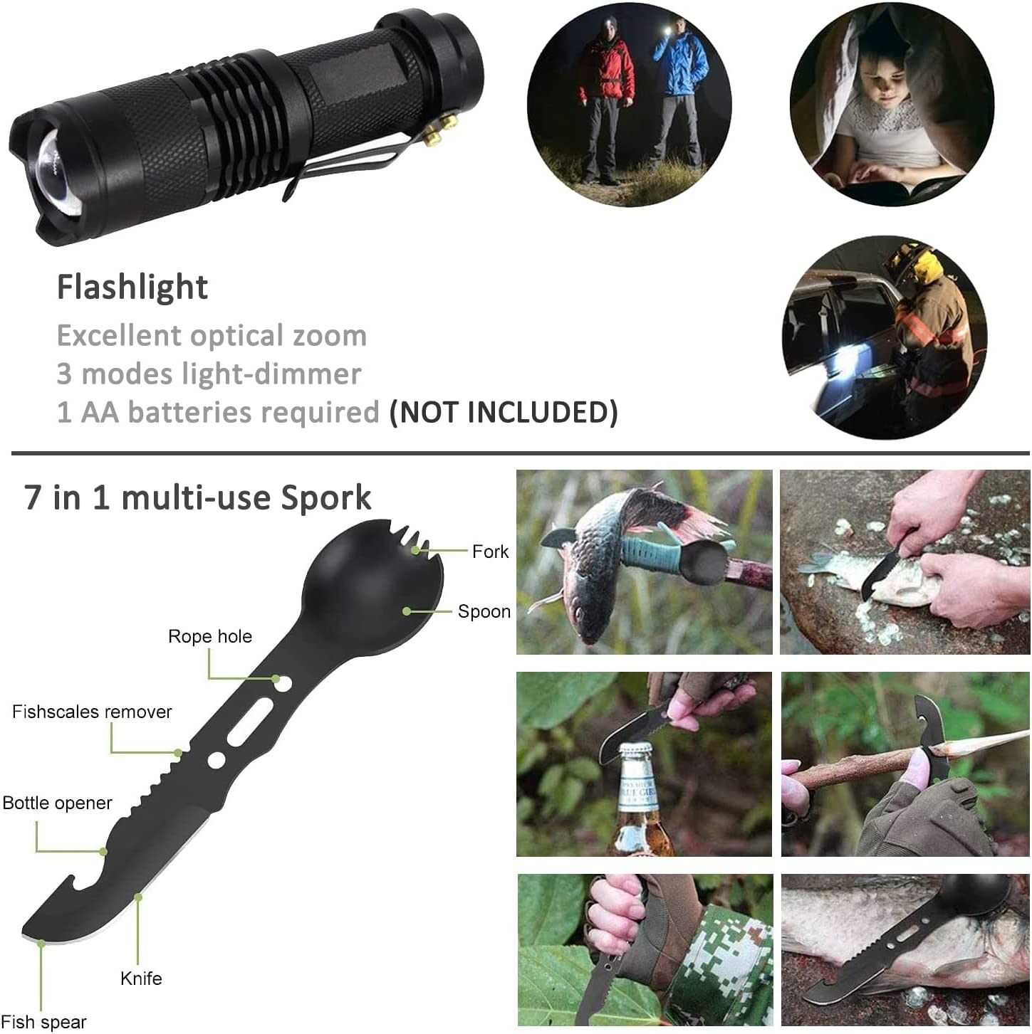 Survival Kit,13 in 1 Survival Gear and Equipment, First Aid Kit with Survival Emergency Knife Blanket Flashlight Compass Multispork Whistle Screwdriver for Camping Adventures image number 1