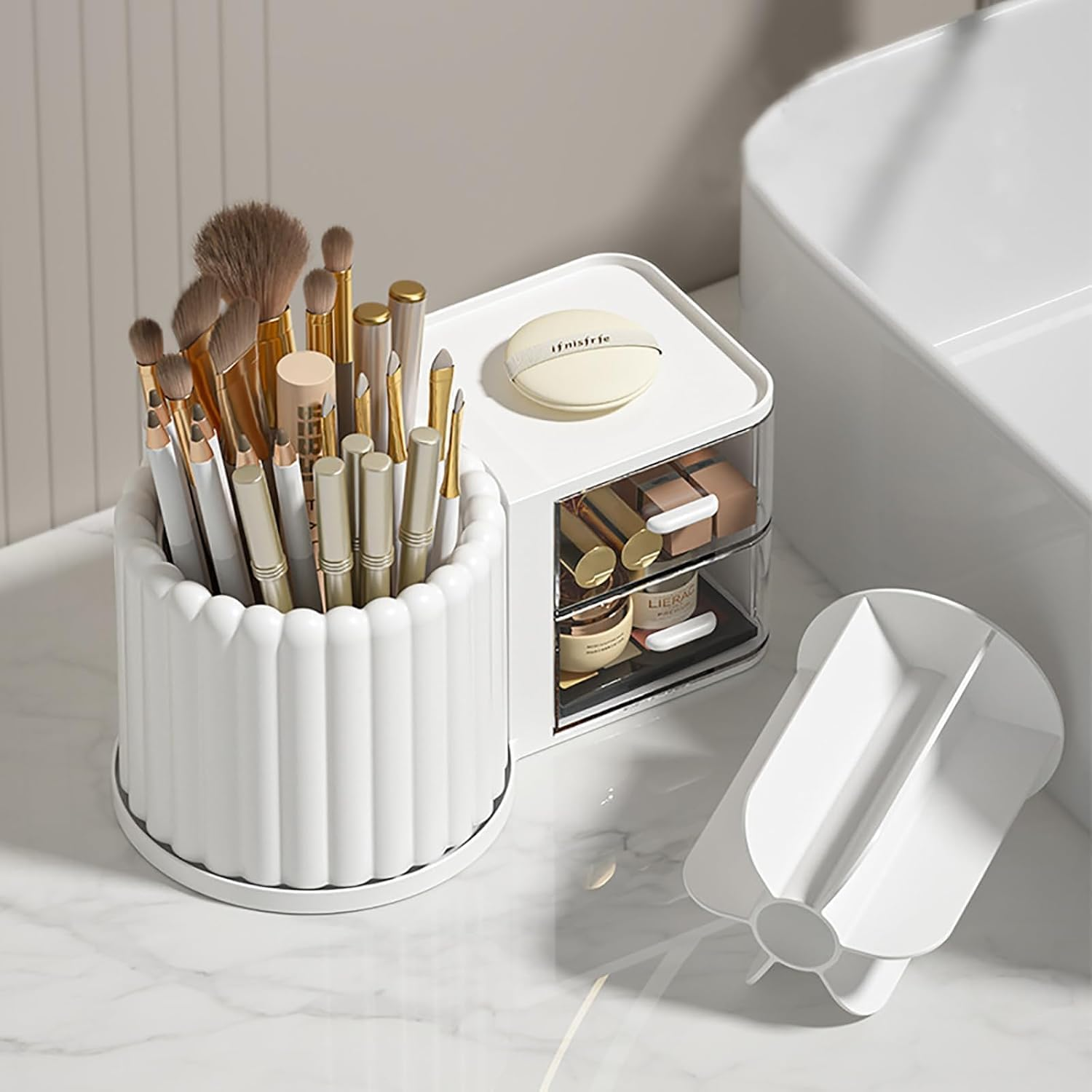 Makeup Organizer Countertop,360 Rotating Makeup Brush Holder 7 Slots Makeup Organizer with Drawer Removable Spinning Cosmetic Storage Pen Holder for Vanity, Dresser, Desk,9.25X5.11Inch,White