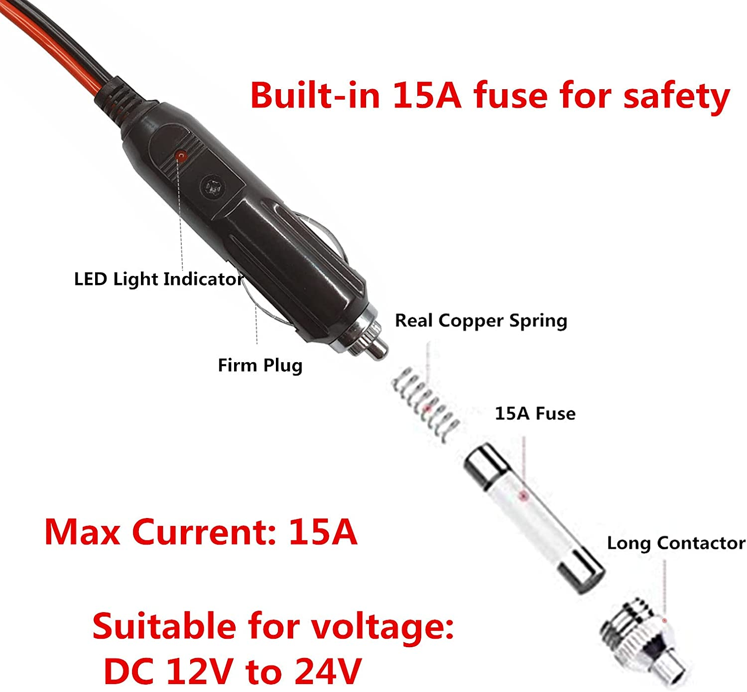 DC 5.5 X 2.1Mm Connector Car Charger Power Supply Cord 4Ft - 12V 24V Cigarette Lighter Male Plug with LED Light 16AWG Wire 15A Fuse for Portable DVD Player, Car, Camera image number 2