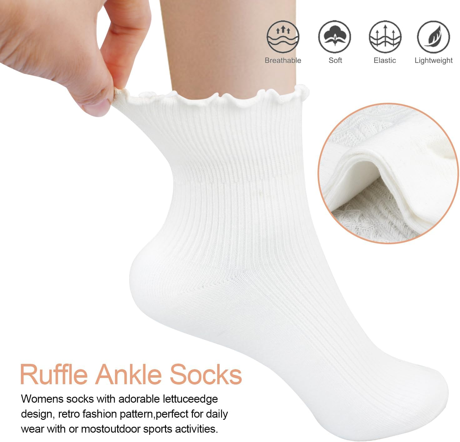 6 Pairs Womens Ruffle Socks,H HOME-MART Ruffle Turn-Cuff Casual Ankle Frilly Socks White Crew Socks Women Breathable Cool - 6 Pairs(6 Multicolor B) image number 5