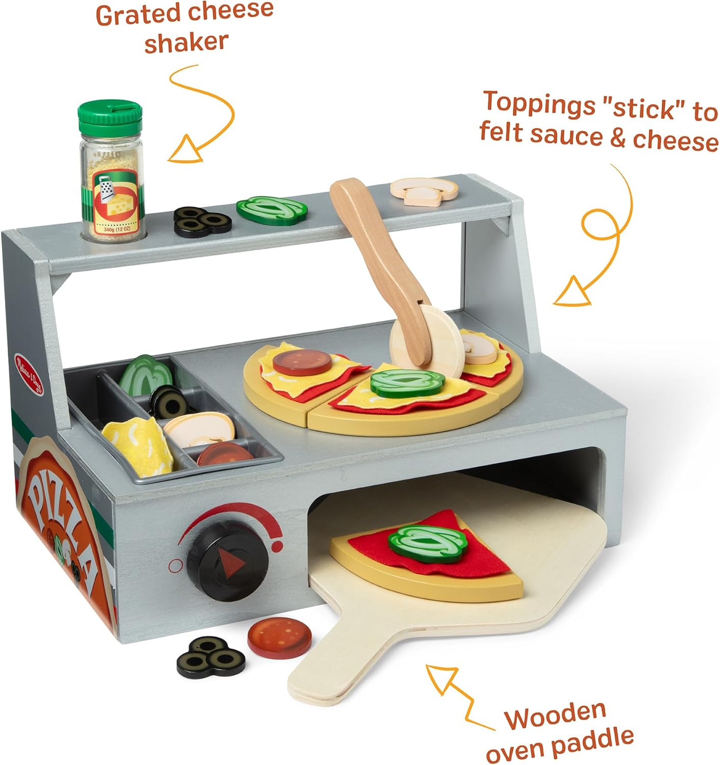 Melissa & Doug Top & Bake Wooden Pizza Counter Play Set &ndash; 34‑Piece Pretend Pizza Shop with Oven, Menu & Money &ndash; Ages 3+ image number 1