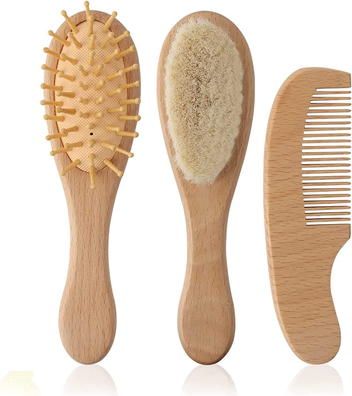 3 Piece Wooden Baby Hair Brush and Comb Set Natural Goat Bristles Brush for Newborns and Toddlers Perfect for Baby Shower and Registry image number 4