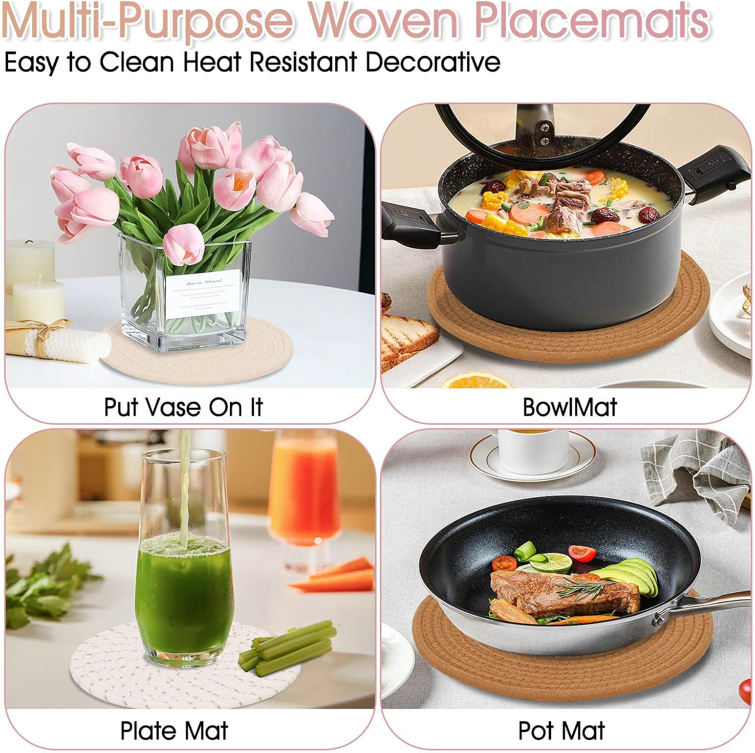 Trivets for Hot Pots and Pans, 6 Pieces Boho Rivets for Hot Dishes, Pot Holders for Kitchen, Hot Pads for Countertops, Boho Home Decor, House Essentials for New Home, 11.8 Inches and 7 Inches - Brown image number 4