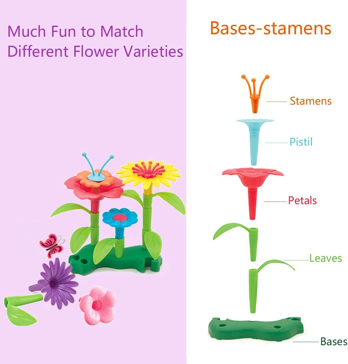 Oundarm Build a Garden DIY Arts Flower Building Toys Set 3+ Years Old Girls Stacking Game for Toddlers, 52Pcs with Box and Bag image number 6