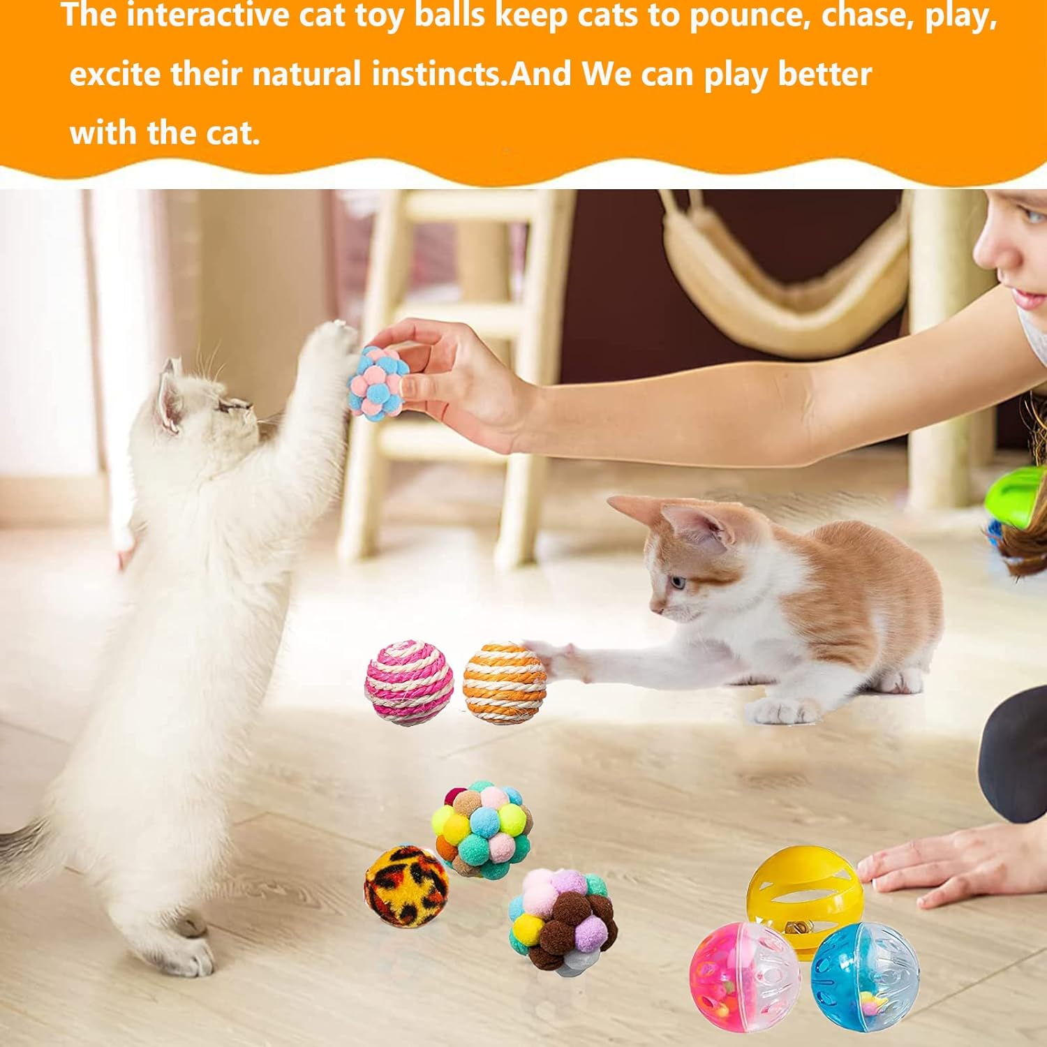 Cat Toys, 34Pcs Kitten Chew and Chase Toys Set - Indoor Cat Toys Including Rainbow Foam, Crinkle, Furry Pompom, and Sisal Balls for Kitty Pet image number 3