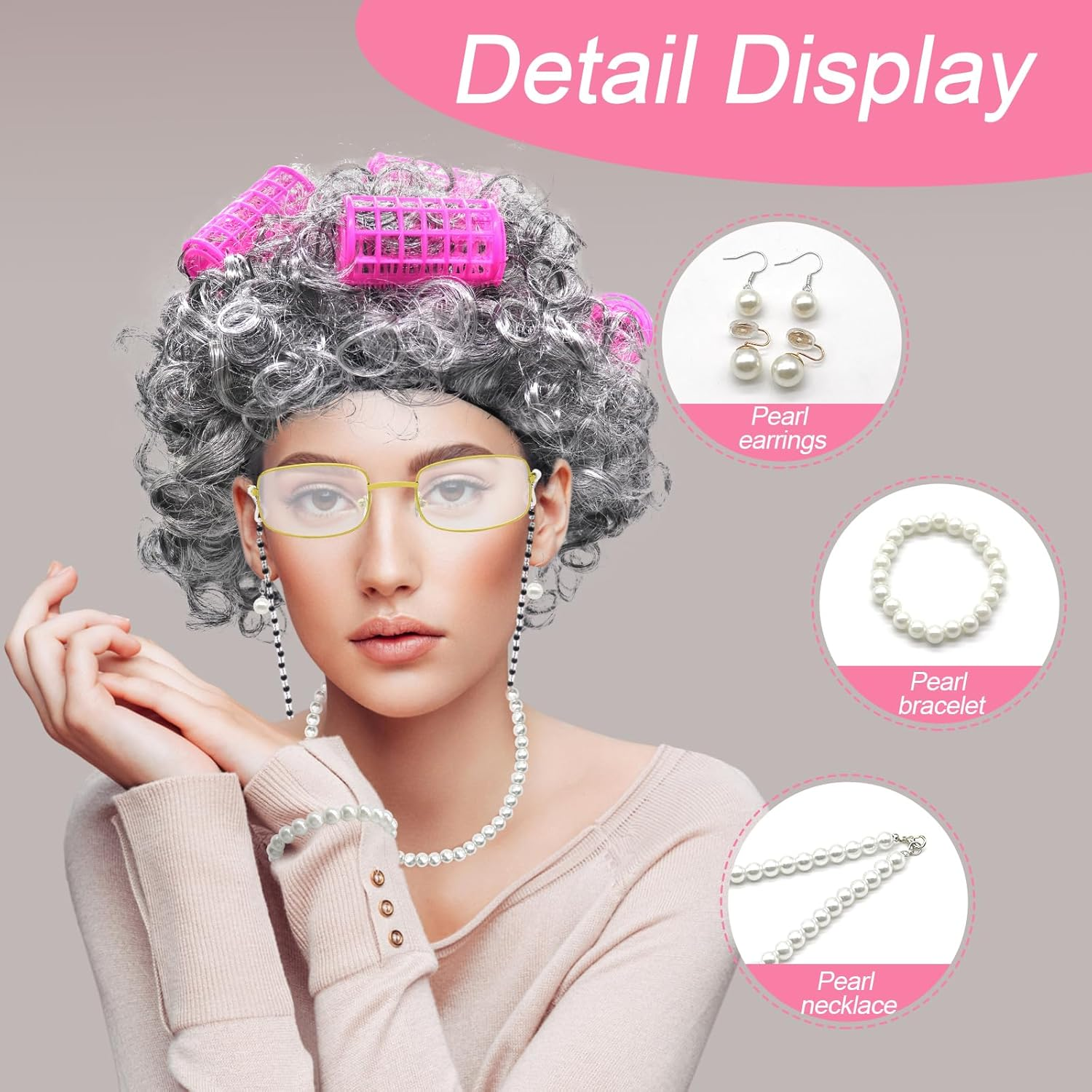 10Pcs Old Lady Costume Set, Grandma Wig Cap Including Glasses Pearl Earring Bracelet Necklace Inflatable Walking Stick, Grandmother Fancy Dress Costume for Christmas Halloween World Book Day image number 4
