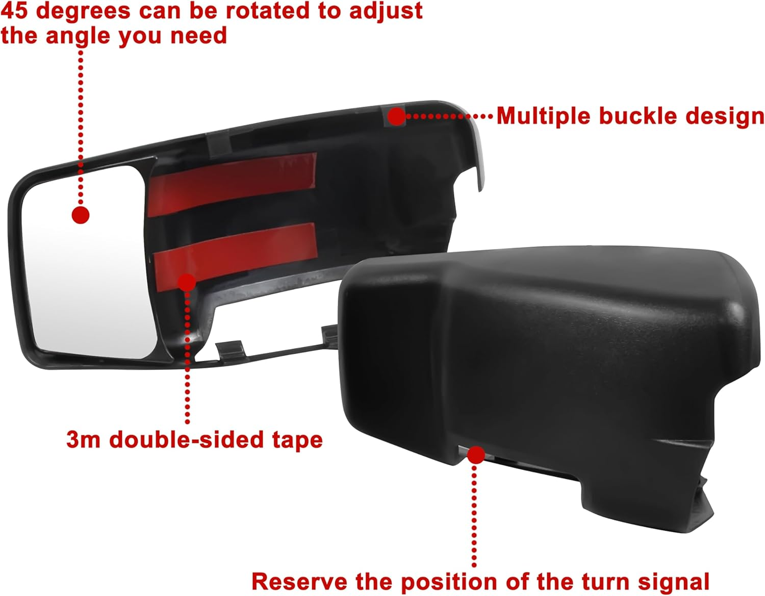 KEWISAUTO Clip on Mirror Extension for Ram 1500, Snap & Zap Towing Side Mirror Extensions Towing Clip on Exterior Rearview Mirror Extend Cover for 2009-2017 Dodge Ram 1500 2500 3500 Accessories image number 2