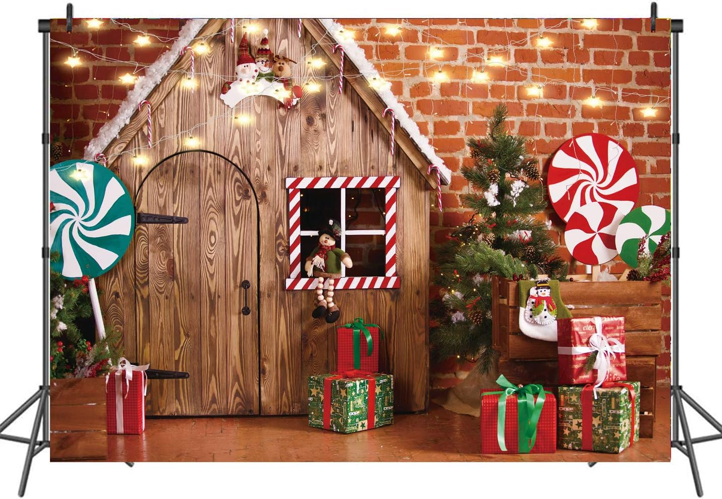LTLYH 8X6Ft Christmas Fabric Photography Backdrop Gingerbread House Candy Tree and Gifts for Kids Portrait Photo Studio Booth Photographer Props 119 image number 4