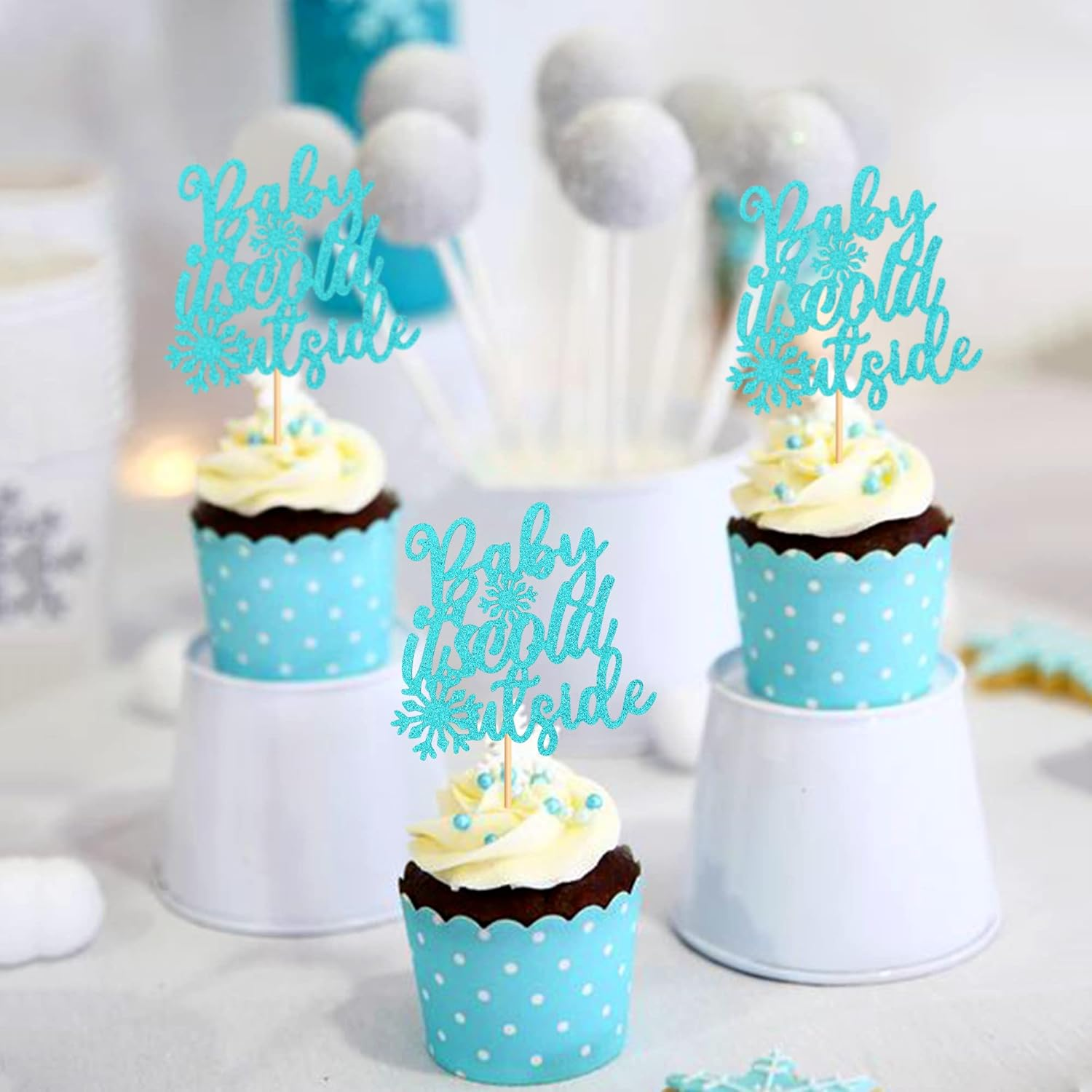 24Pcs Snowflake Baby It'S Cold outside Cupcake Toppers Glitter Blue Baby It'S Cold outside Cupcake Picks for Winter Baby Wonderland Xmas Baby Shower Party Cake Decor Supplies image number 5