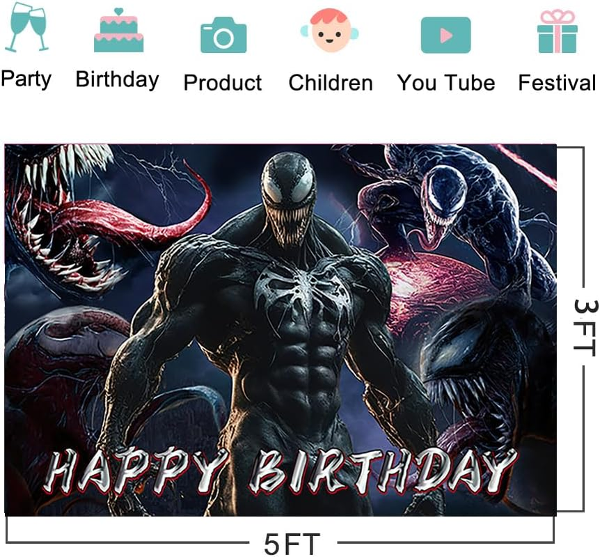 Super Hero Backdrop for Happy Birthday Party Decorations Venom Background for Baby Shower Party Cake Table Decorations Supplies Superhero Theme Banner 5X3Ft image number 2