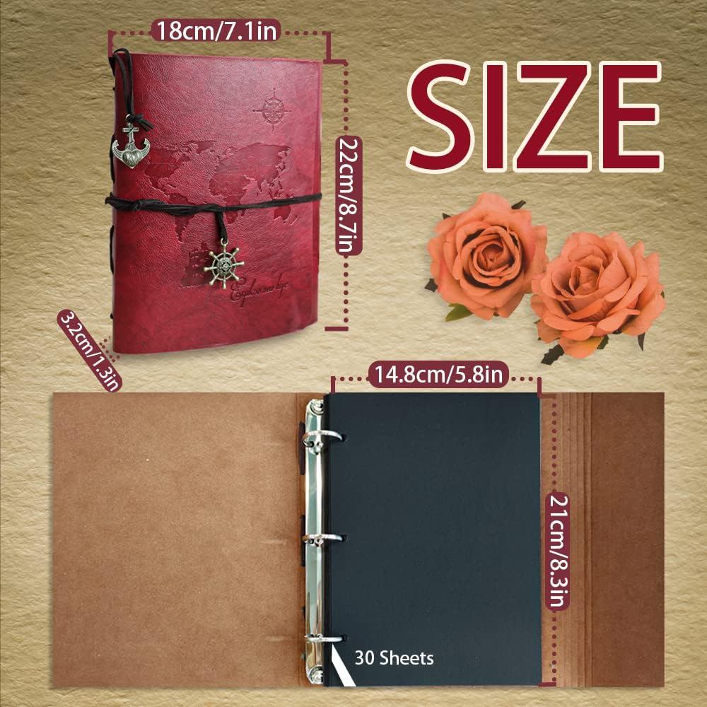 Leather Photo Album, Scrapbook Album with Retro Pendents, DIY Travel Vintage Photo Album, Family Photo Book Refillable 60 Pages for Anniversary Birthday Wedding (Red)