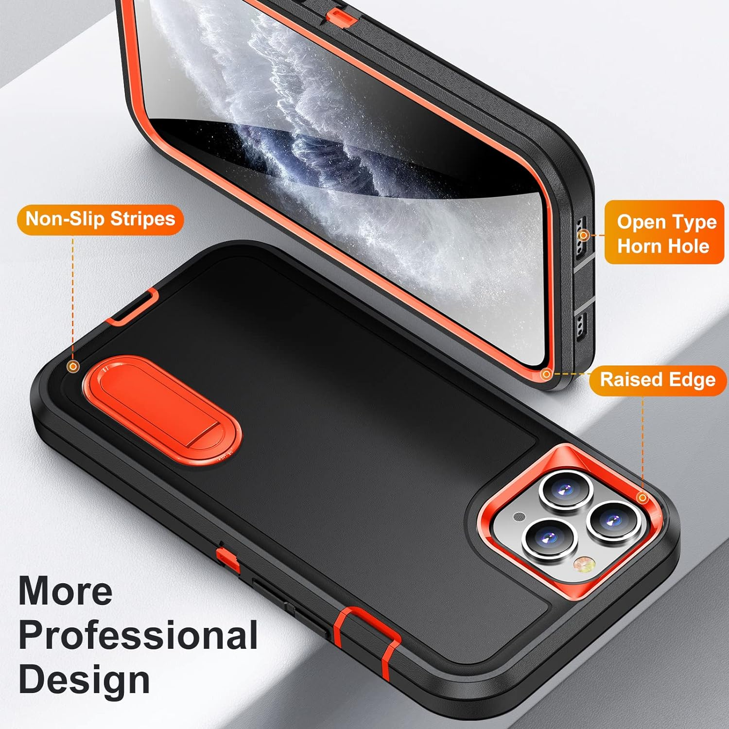 Shockproof Case for Iphone 11 Case with Kickstand,Military Grade Drop Protective,Heavy Duty Hard Back 3-Layer Protective Phone Cover for Iphone 11 (Black+Orange) image number 2