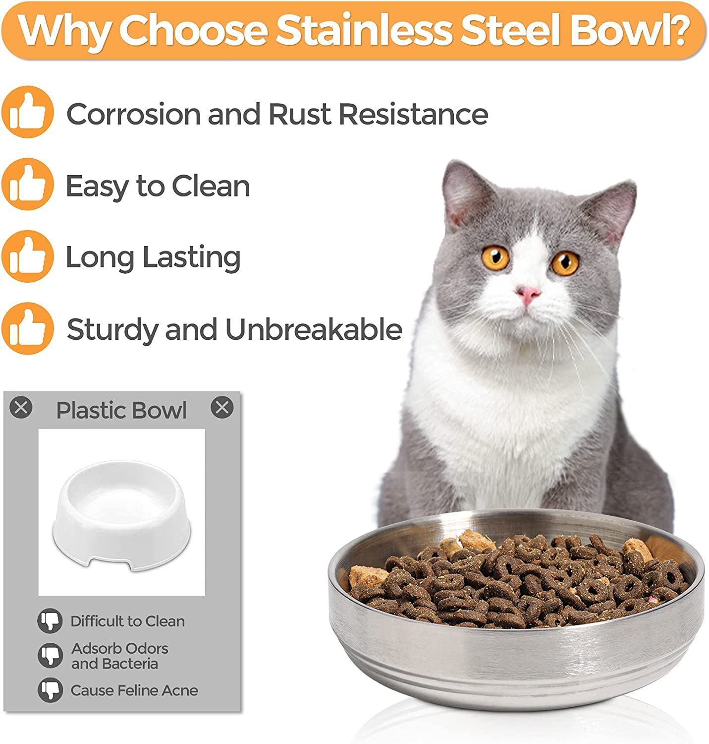 Comsaf Food Grade 304 Stainless Steel Cat Bowls, Shallow and Wide Metal Cat Food and Water Feeder Set, Durable Double Layer Pet Feeding Dishes for Kitten, Puppy, Whisker Stress Free, Dishwasher Safe image number 5