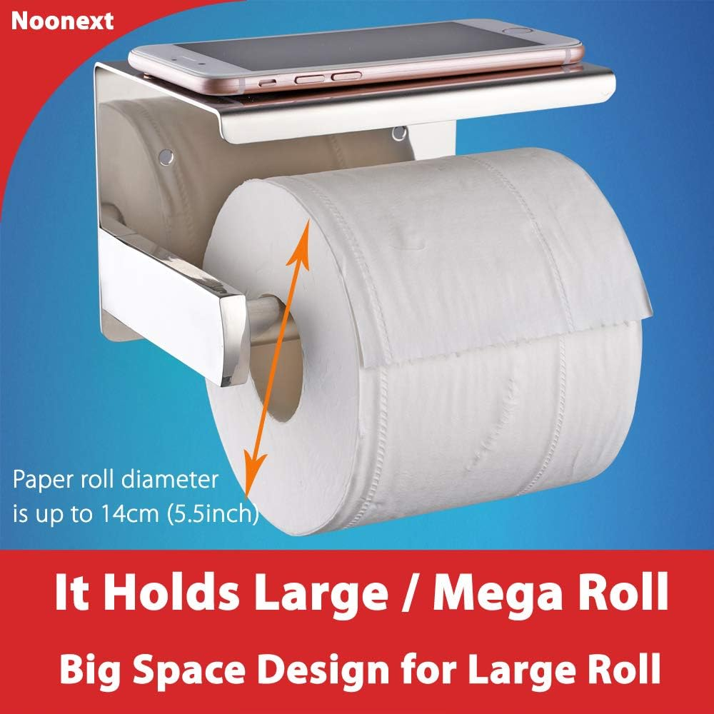 Toilet Paper Holder with Shelf Wall Mounted, Adhesive Toilet Paper Roll Holder, Stainless Steel Tissue Roll Dispenser Storage, Adhesive No Drilling or Drilling with Screws (Polished Chrome)