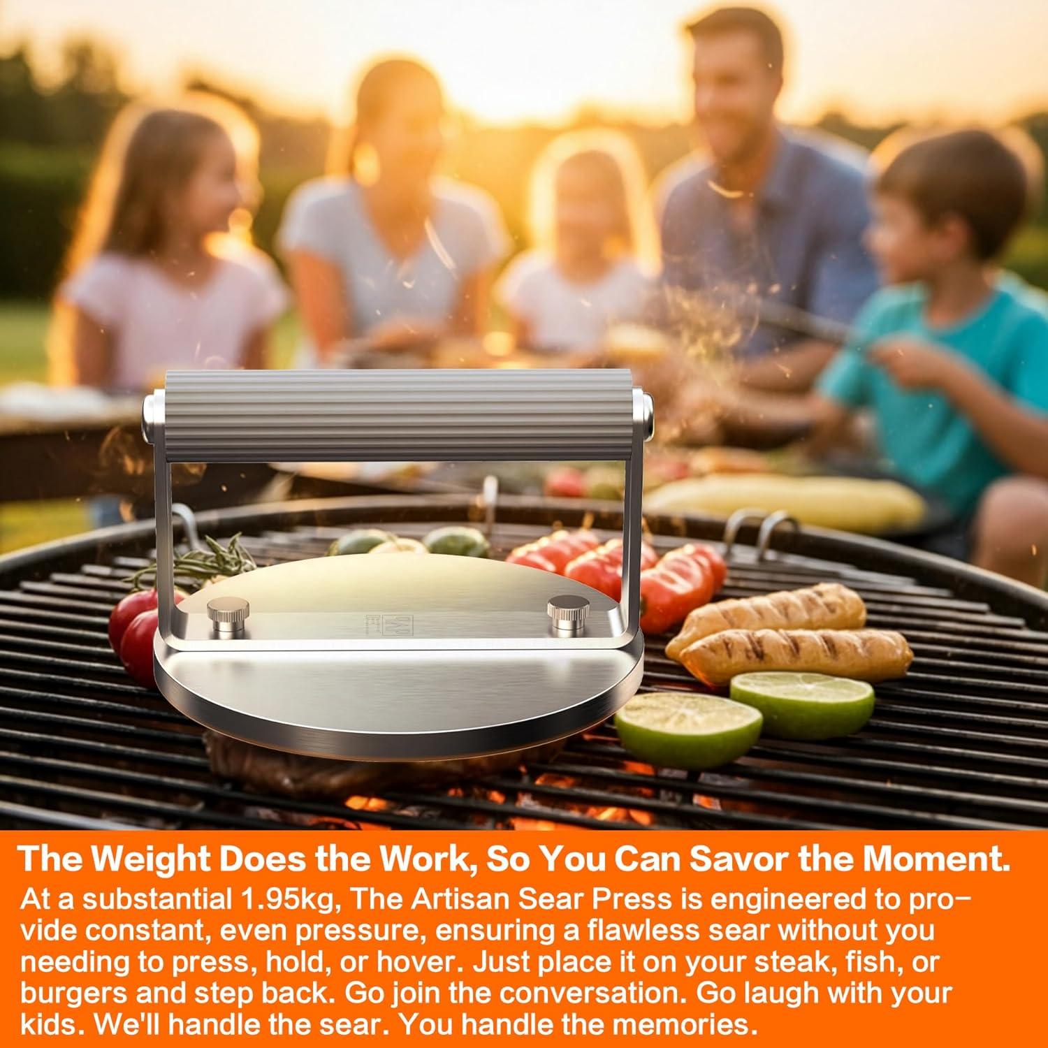 The Artisan Sear Press by QAP | Heavy Duty 1.95Kg Stainless Steel Grill Press for Smashed Burgers, Steak & Bacon | with Forge-Proof Flame-Retardant Handle | 163Mm round BBQ Hot Plate Accessory/Bp1-01 image number 3