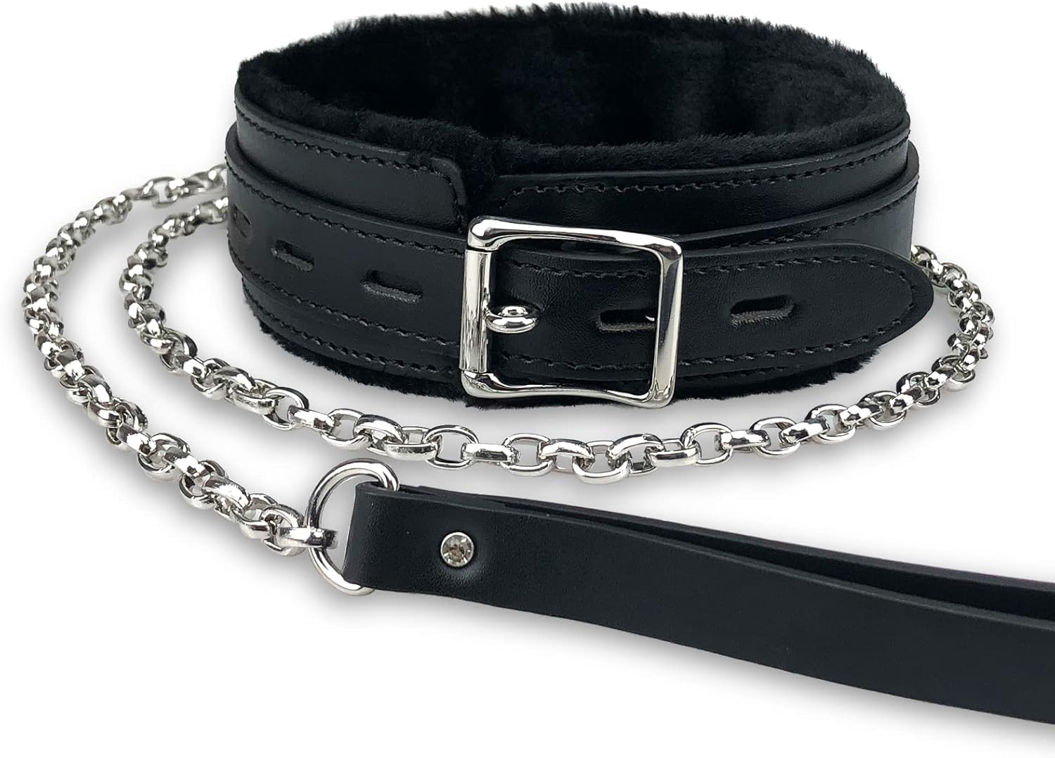 Gothic Leather Choker Collar, PU Leather Fur Lined Collars Necklace with Long and Durable Detachable Leash Chain Pet Collars, Pink