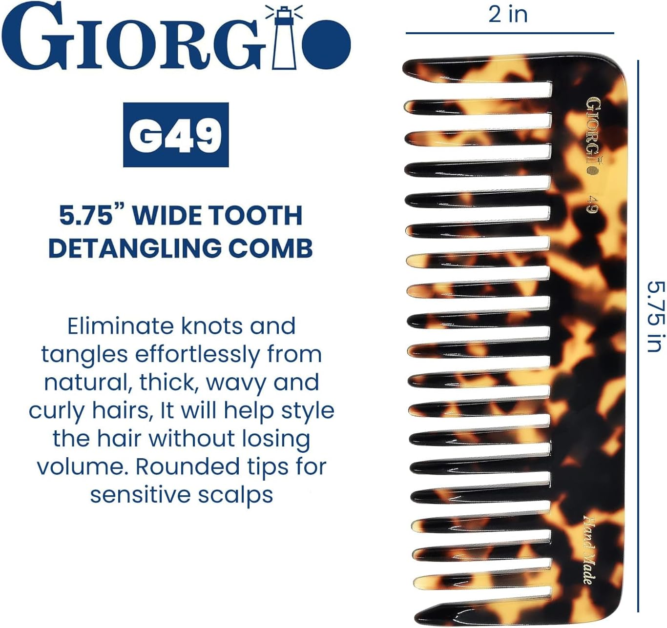 Giorgio G49 Yellow Tokio, Large Hair Detangling Comb, Wide Teeth for Thick Curly Wavy Hair, Detangler Comb for Wet and Dry, Handmade of Quality Cellulose, Saw-Cut, Hand Polished image number 4