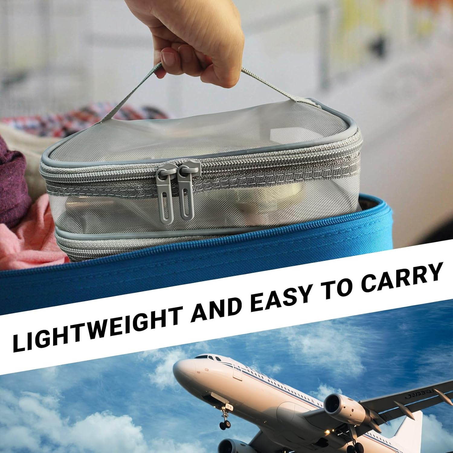 Double Layer Makeup Bag, Mesh Cosmetic Bag with Handle, Double Zipper Beauty Make up Bag, 2 Compartment Toiletries Storage Bag, Portable Travel Cosmetic Case Organizer for Women Girls, Gray - Black image number 5