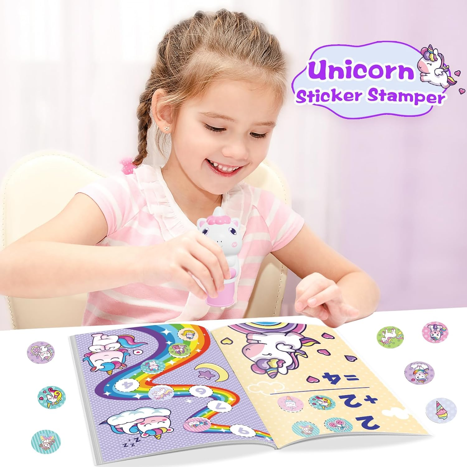 Sticker Stamper Unicorn Toys for Girls 3 4 5 6, 24-Page Activity Pad and 300 Stickers,Arts and Crafts Fidget Toy, Sticker Books Travel Toy for Toddler 3+ image number 5